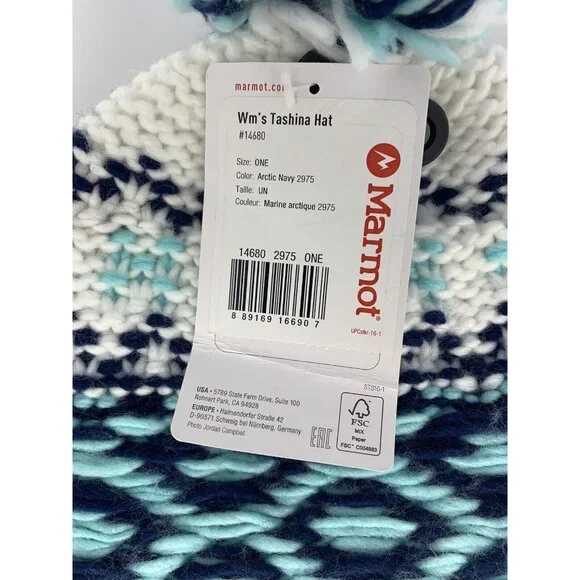 Marmot Tashina Hat Womens Arctic Navy Womens Blue White Winter Beanie New - Picture 5 of 6